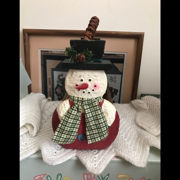 Rare Vintage 70’s Handmade Wood Snowman Basket - Picture 4 of 7